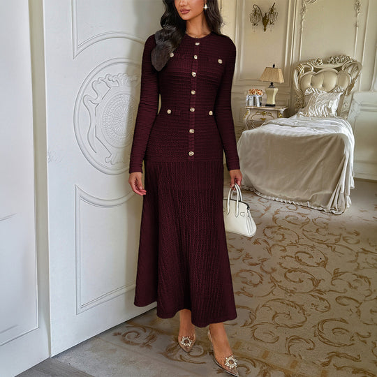 Damen nan tailliertes Maxi-Strickkleid mit durchgehender Knopfleiste und dekorativen Zierknöpfen EB