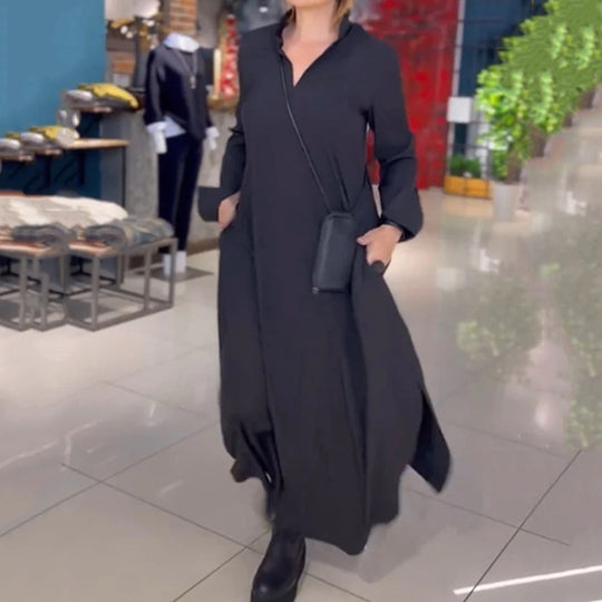 Damen Langarm-Kleid mit praktischen Einschubtaschen und elegantem Stehkragen EB