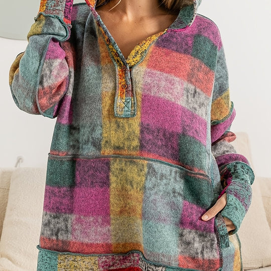 Damen lässiger Block-Check Pullover mit Kapuze und praktischen Taschen EB