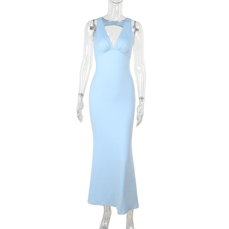 Damen figurbetontes Maxikleid mit tiefem V-Auschnitt und eleganter Schnittführung EB