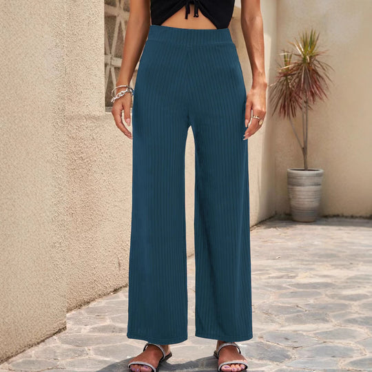 Damen Weite, gestreifte Plisseehose mit hohem Bund und elastischem Taillenbund EB