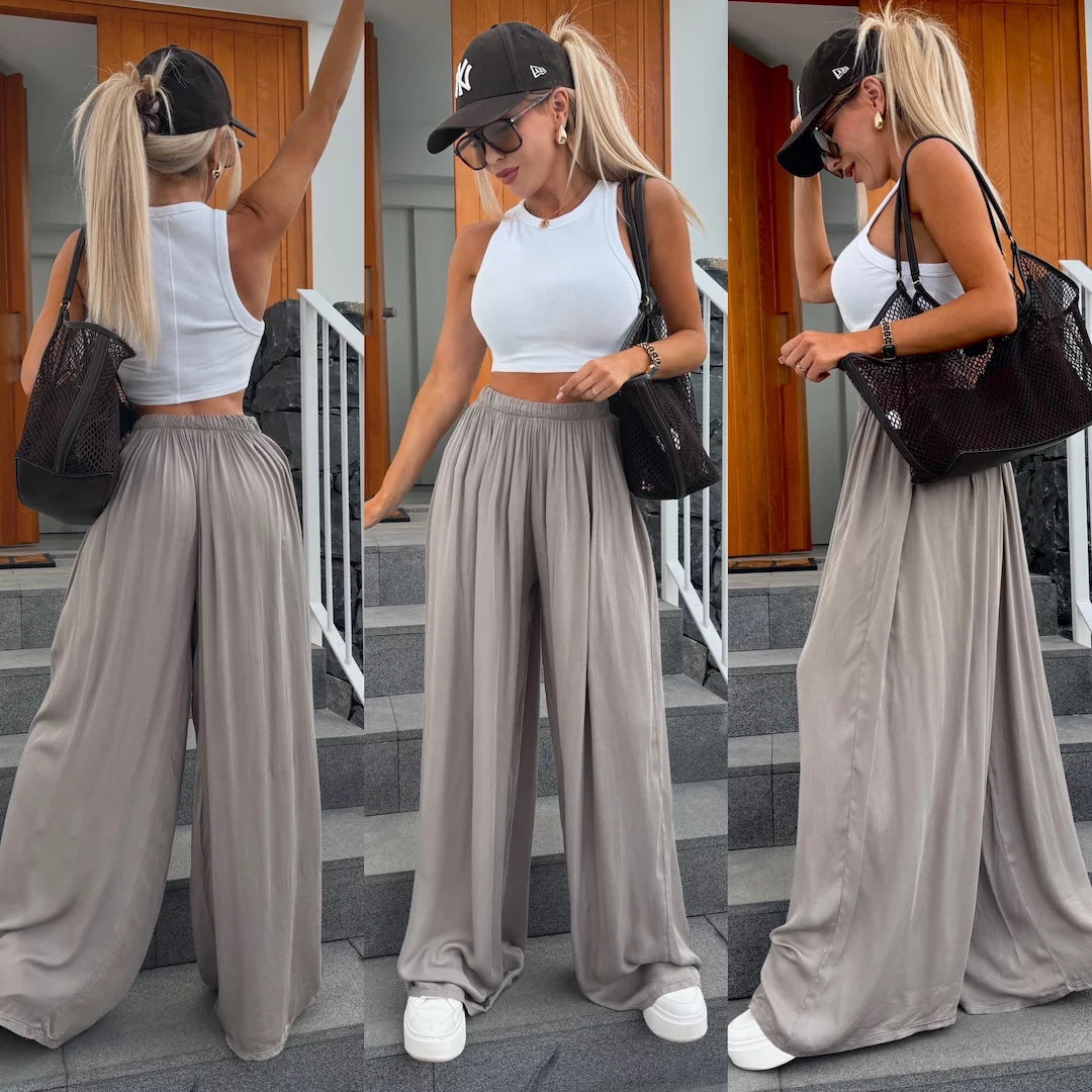 Damen weit geschnittene Palazzo-Hose mit hohem elastischem Bund und fließendem Jersey EB