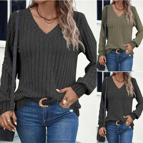 Damen V-Ausschnitt Rippstrickpullover mit langem Arm EB
