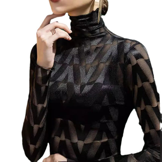 Damen Elegantes Rollkragenoberteil mit geometrischem Muster und transparenten Akzenten EB
