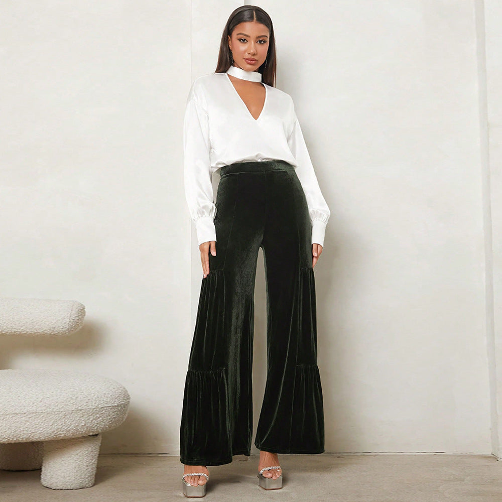 Damen Elegante Samt-Hosen mit Weitem Bein und Hohem Bund EB
