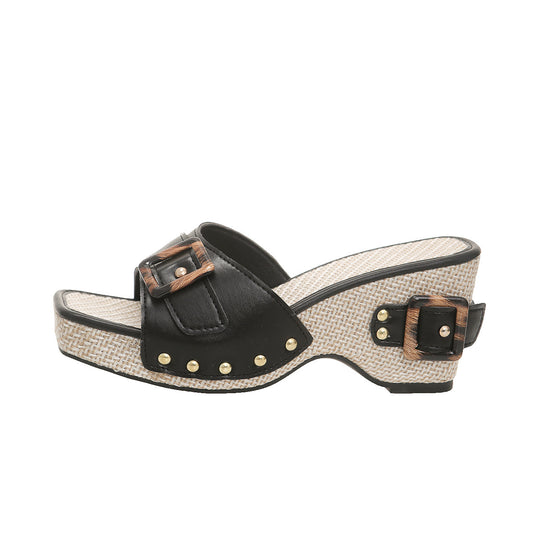 Damen Wedge-Pantoletten mit modischer Schnallenapplikation und rutschfester Sohle EB