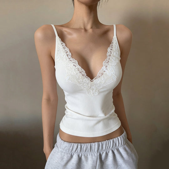 Damen Elegantes Top mit Spitzenverzierung und tiefem V-Ausschnitt EB