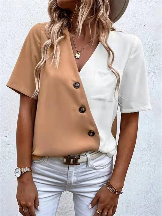 Damen Modisches Hemdblusenshirt mit asymmetrischen Farben und Knopfdetails EB