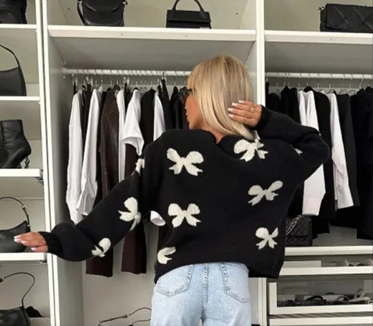 Damen Strickjacke mit dekorativen Schleifen und glänzenden Akzenten EB