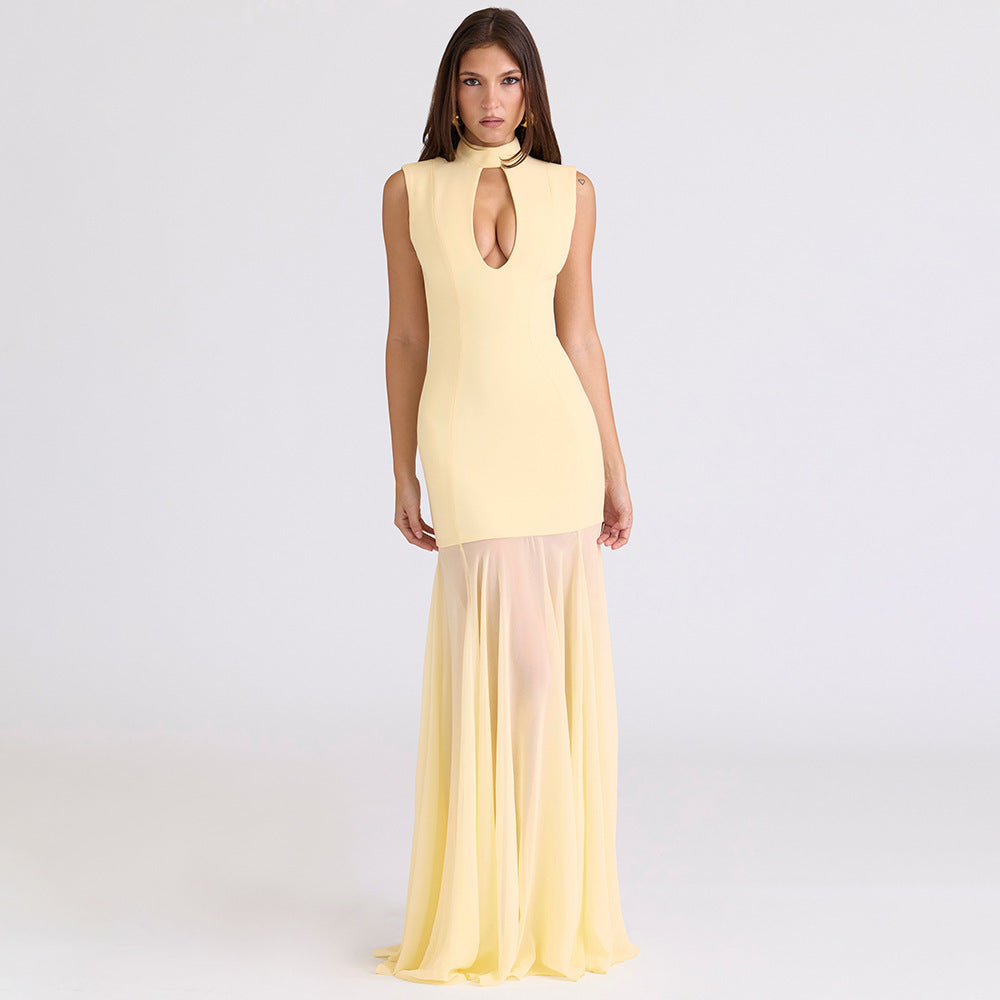 Damen Elegantes Maxikleid mit tiefem V-Ausschnitt und transparenter Tüllschicht EB