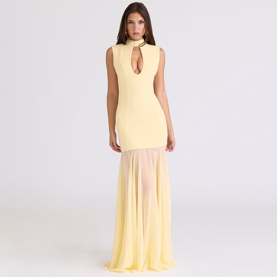 Damen Elegantes Maxikleid mit tiefem V-Ausschnitt und transparenter Tüllschicht EB