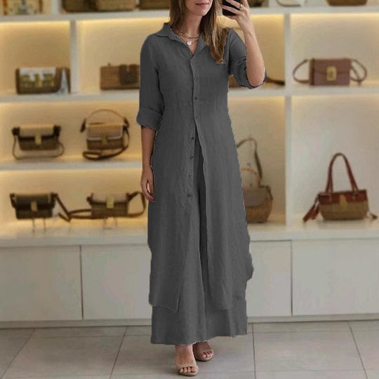 Damen nan langes Leinen-Hemdblusenkleid mit durchgehender Knopfleiste, Hemdkragen und dezentem A-Linien-Schnitt EB
