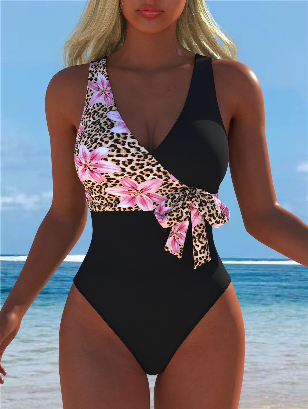 Damen Einteiliger Badeanzug mit floralem Wickeldesign und trendigem Leopardenmuster EB