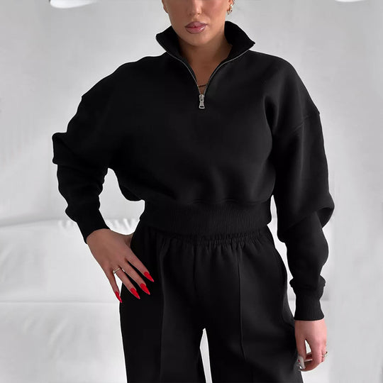 Damen Zweiteiliges Cropped-Halbzip-Sweatset mit Stehkragen und elastischer High-Waist-Jogginghose EB