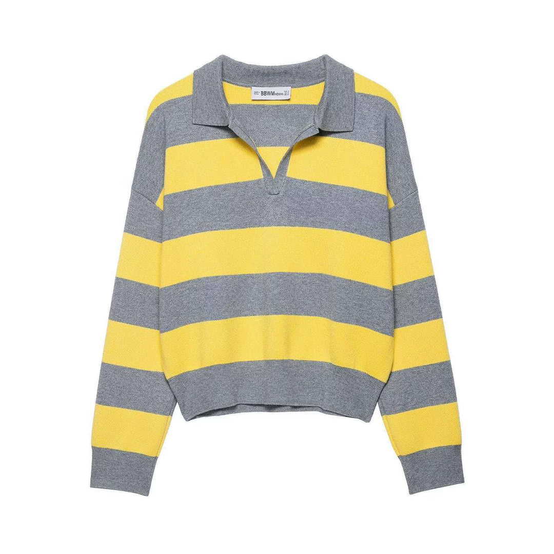 Damen nan gestreifter Rugby-Strickpullover mit Polokragen und weiter Oversize-Passform EB