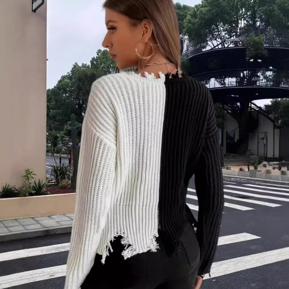 Damen Lässiger Strickpullover mit asymmetrischem Design und Fransen EB
