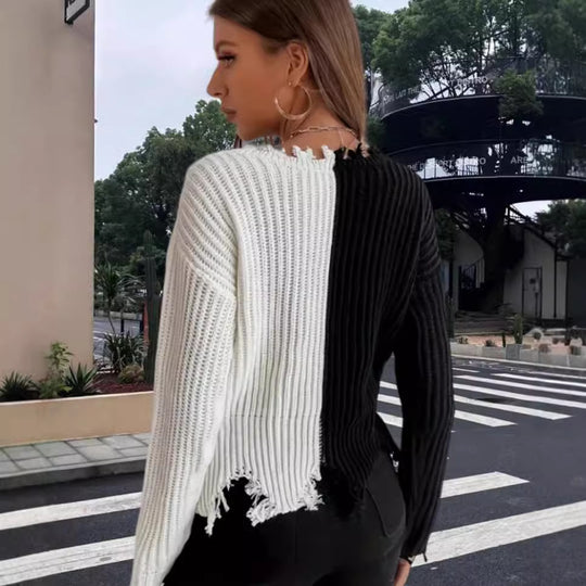 Damen Lässiger Strickpullover mit asymmetrischem Design und Fransen EB