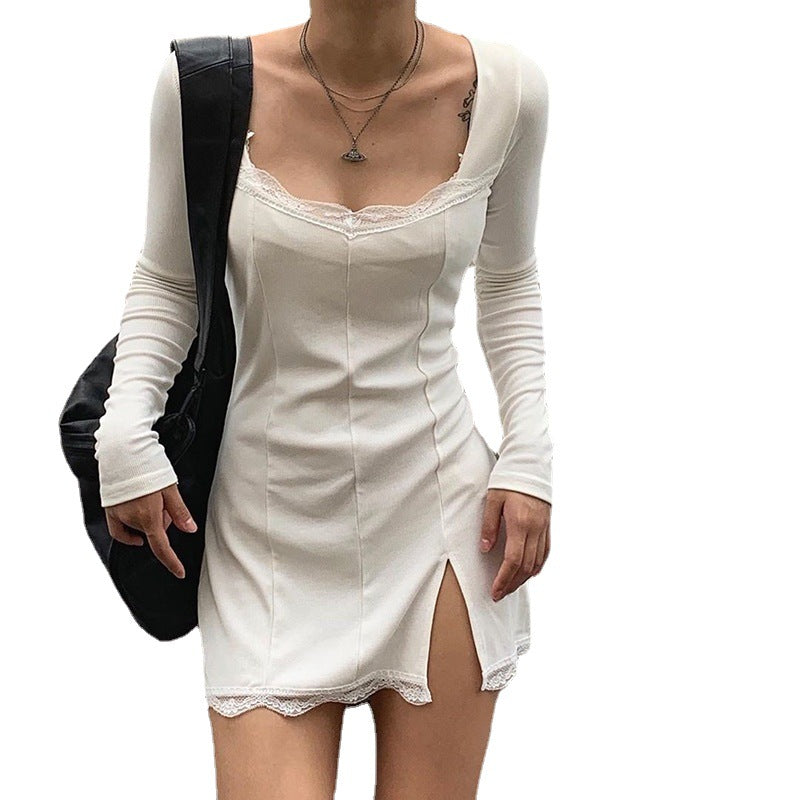 Damen figurbetontes Langarmkleid mit Spitzenakzenten und sexy Schlitz EB