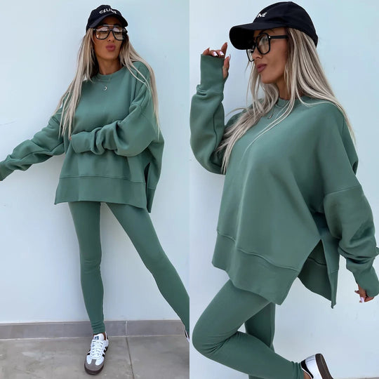 Damen nan Oversize Sweatshirt mit taillierten Rib-Leggings Set EB