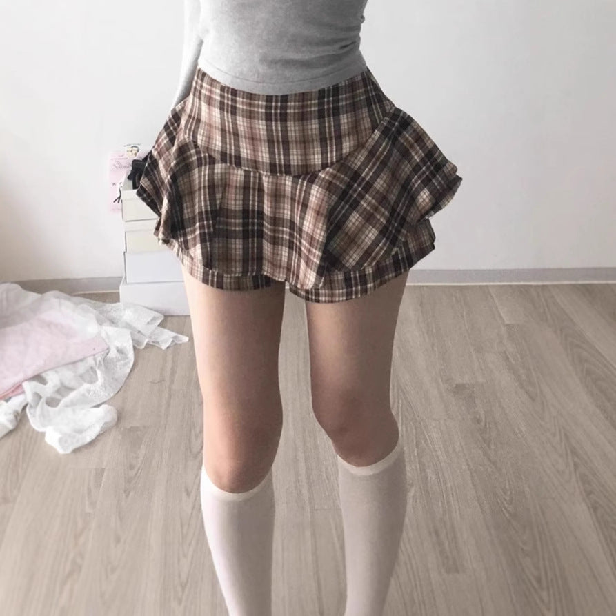 Damen Verspielter Karorock mit integrierten Shorts und hohem Bund EB