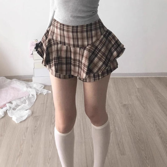 Damen Verspielter Karorock mit integrierten Shorts und hohem Bund EB