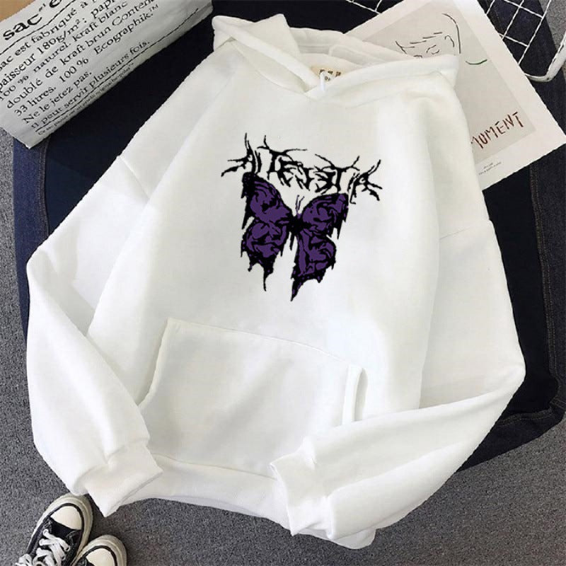 Damen nan Oversize-Kapuzenpullover mit gothischer Schmetterlings-Illustration und Kängurutasche EB