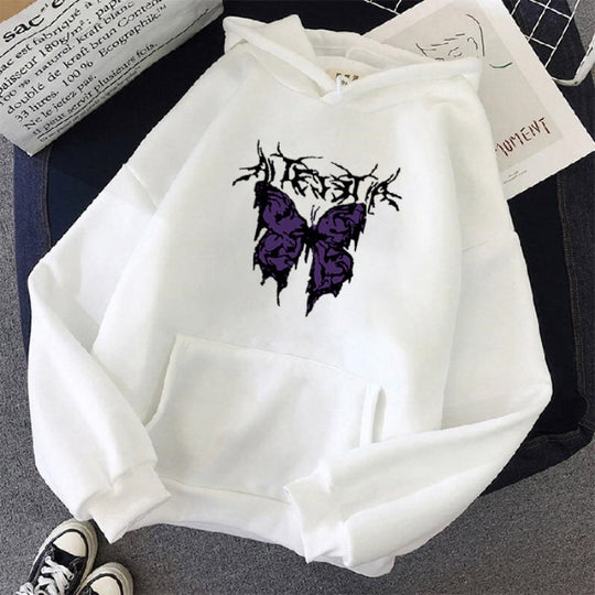 Damen nan Oversize-Kapuzenpullover mit gothischer Schmetterlings-Illustration und Kängurutasche EB