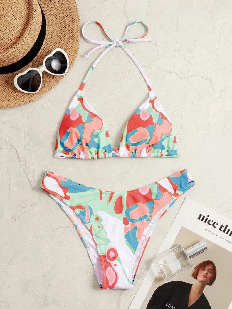 Damen Triangel-Bikini mit verspieltem Muster und verstellbaren Trägern EB
