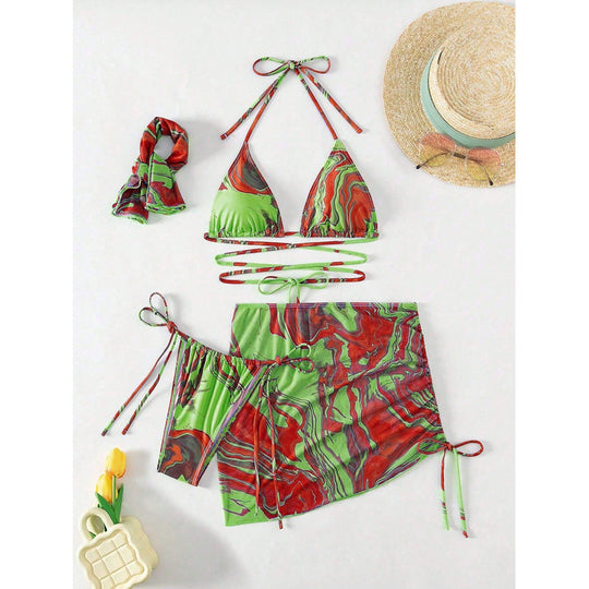 Damen Triangel-Bikini-Set mit asymmetrischem Wickelrock und modischen Bindebändern EB