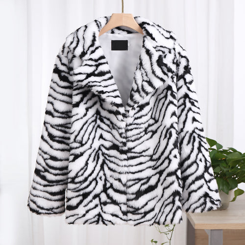 Damen Eleganter Kunstfellmantel im Tigerprint-Design EB