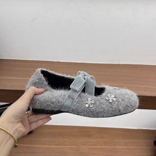 Damen modische Ballerinas mit floralem Dekor und Veloursdetails EB