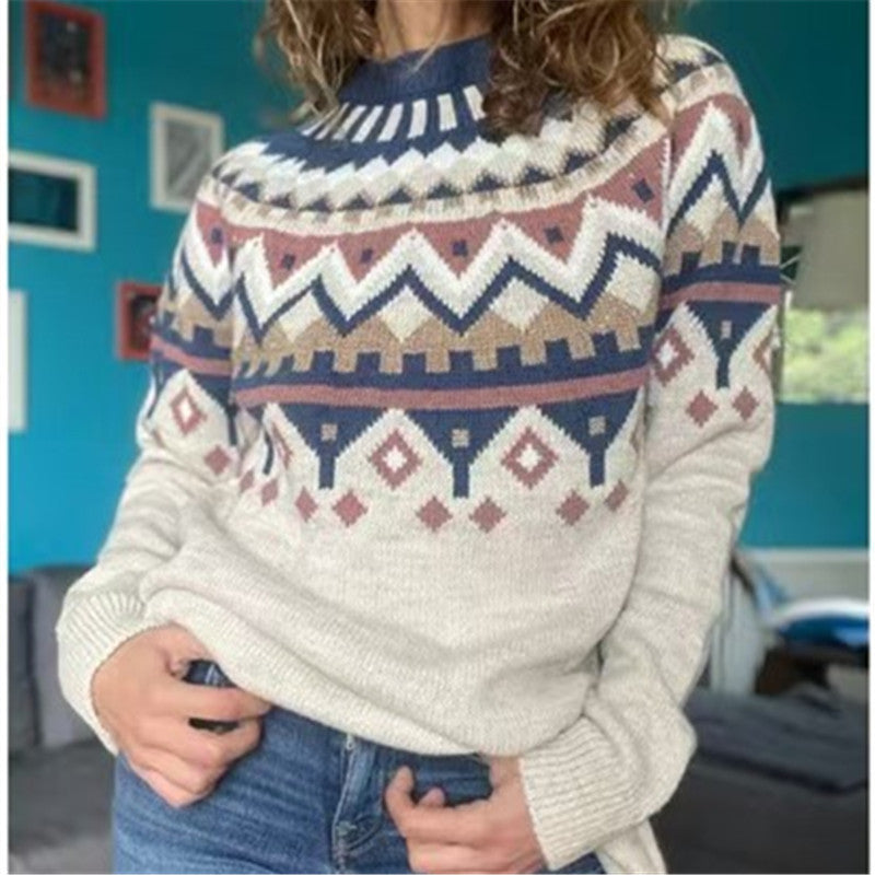 Damen nan Norwegerpullover aus Wollmix mit Rundhalsausschnitt und traditionellem Fair-Isle-Yoke EB