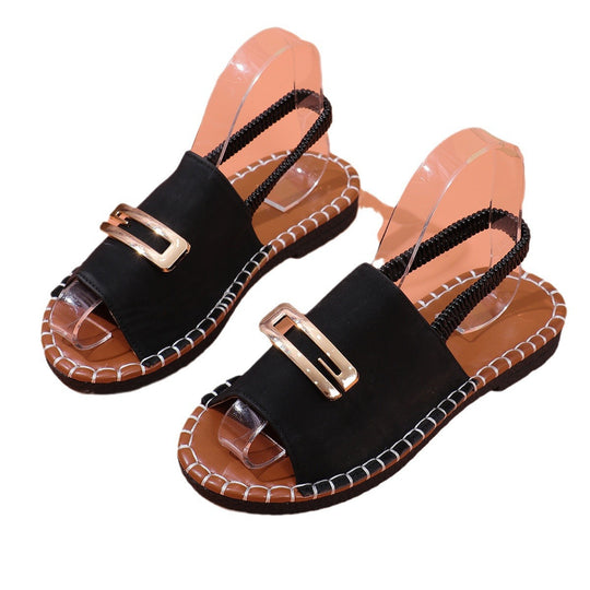 Damen Offene Pantolette mit Metallornament und kontrastierter Ziernaht EB