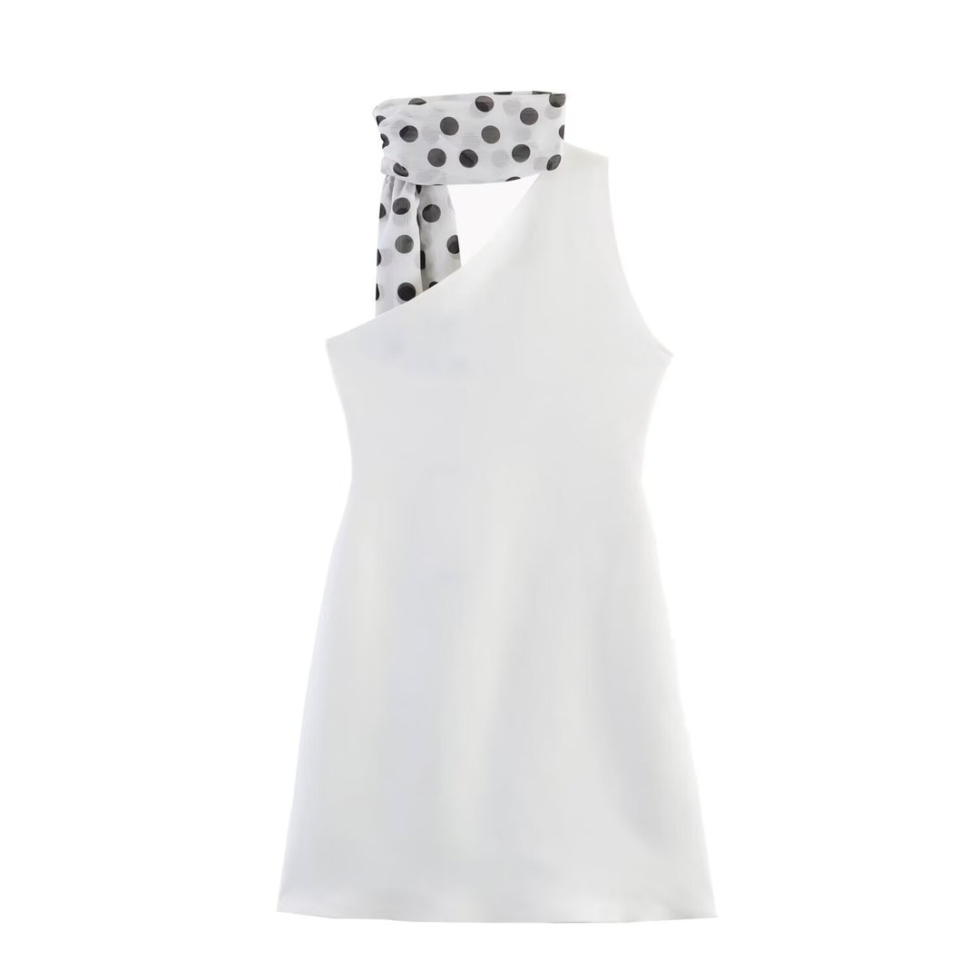 Damen Hängerkleid mit asymmetrischem Ausschnitt und stilvollem Punkteschal EB