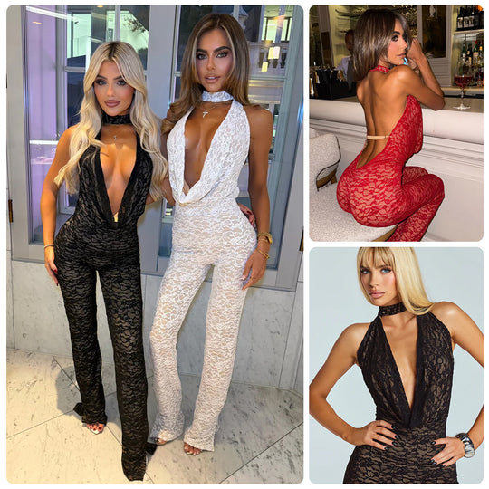 Damen Jumpsuit aus feiner Spitze mit tiefem V-Ausschnitt und eleganter Rückenpartie EB