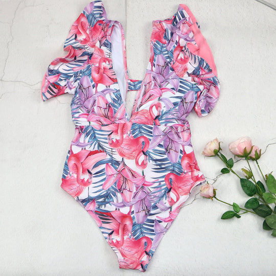 Damen Badeanzug mit floralem Design und frischem Wickelbund EB