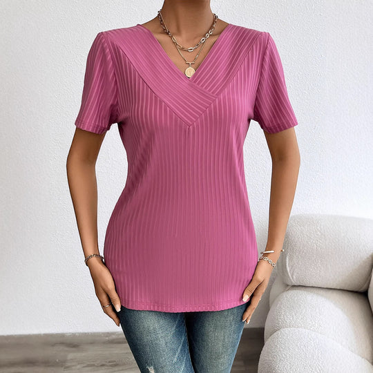 Damen lässiges V-Ausschnitt Shirt mit fließendem Design und kurzen Ärmeln EB