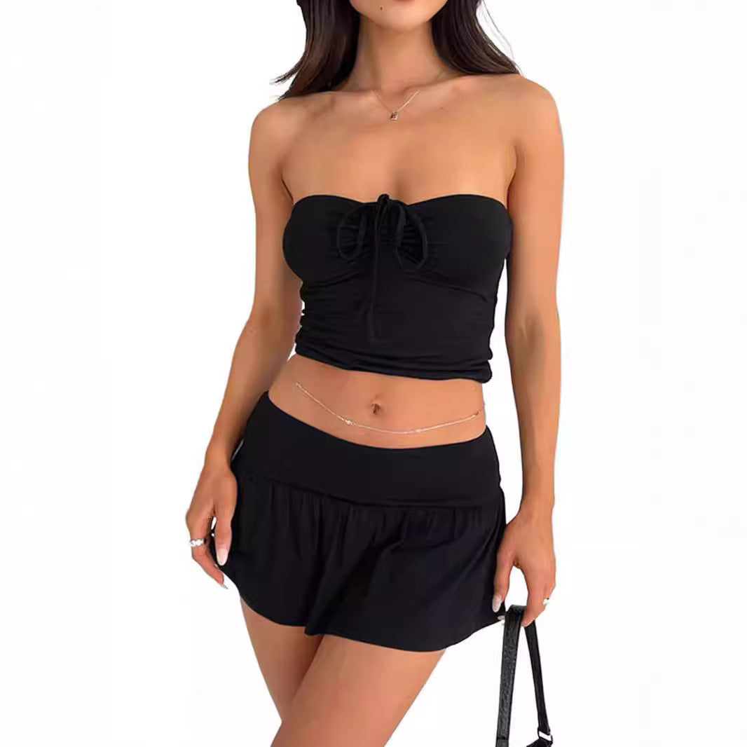 Damen Strand-Set aus leichtem Stoff mit verstellbarem Oberteil und lockerem Rock EB