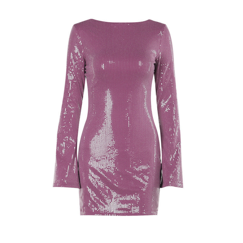 Damen elegantes Minikleid mit funkelnden Pailletten und langen Ärmeln EB