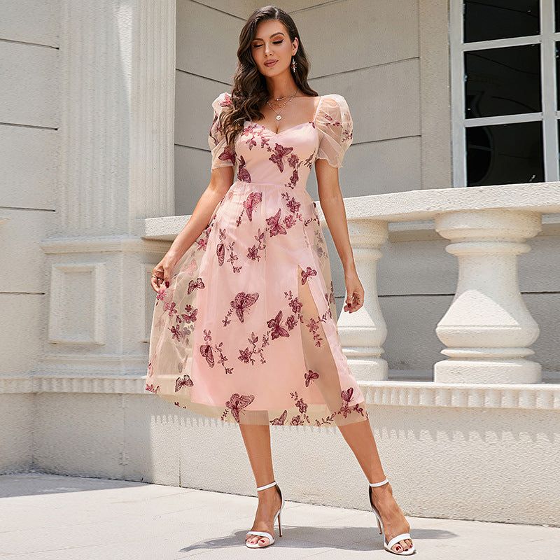 Damen Midikleid mit floralem Applikationsdesign und Puffärmeln EB