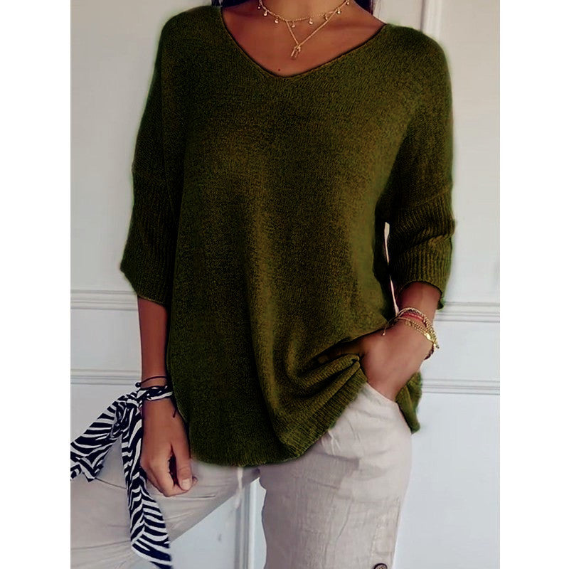 Damen nan locker sitzender V-Ausschnitt Feinstrickpullover mit dreiviertelÄrmeln EB