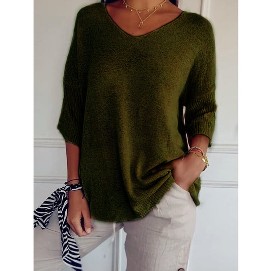 Damen nan locker sitzender V-Ausschnitt Feinstrickpullover mit dreiviertelÄrmeln EB