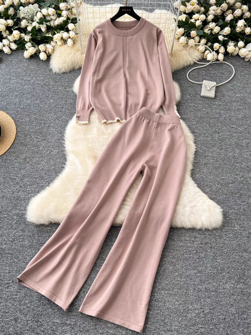 Damen modisches und bequemes Strick-Loungewear-Set mit weitem Bein EB