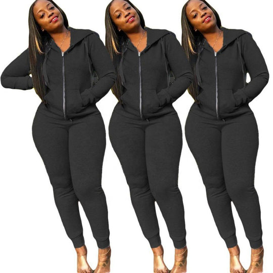 Damen tailliertes Kapuzen‑Sweatdress‑Set mit Reißverschluss und enganliegender Jogginghose EB