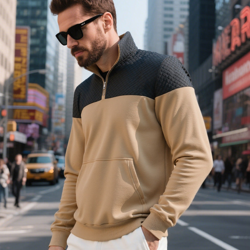 Herren Colorblock-Halbzip-Sweatshirt mit gesteppter Brustpartie, Kängurutasche und elastischen Bündchen EB