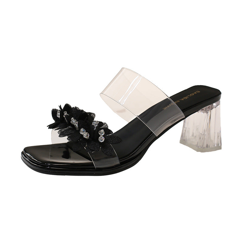 Damen Transparente Mules mit floralem Design und glitzerndem Blockabsatz EB