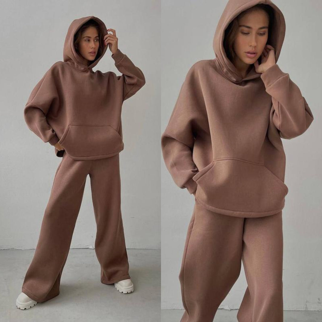 Damen nan Cozy-Komplettset mit extraweichem Oversize-Hoodie, Kängurutasche und High-Waist Palazzo-Sweathose EB