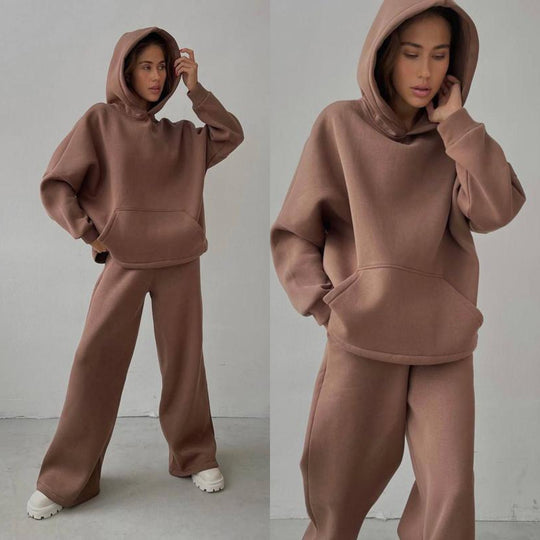 Damen nan Cozy-Komplettset mit extraweichem Oversize-Hoodie, Kängurutasche und High-Waist Palazzo-Sweathose EB