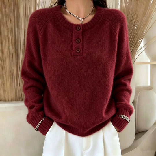 Damen Kuscheliger Rundhals-Henley-Pullover mit Knopfleiste und Raglanärmeln EB
