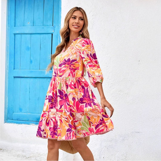Damen Blusenkleid mit floralen Prints und voluminösen Ärmeln EB
